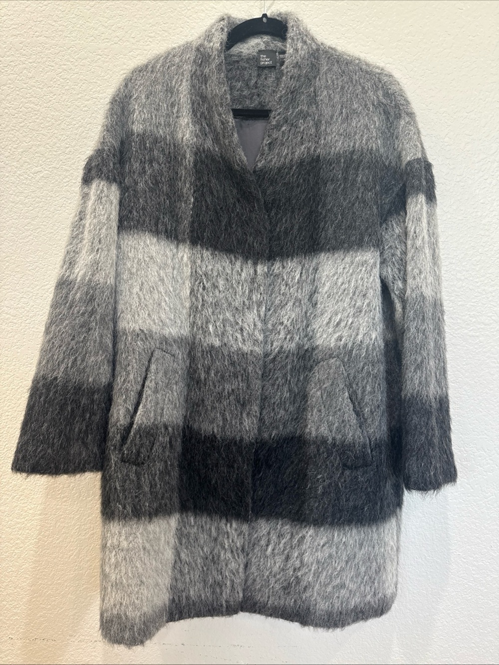 The Fisher Project Alpaca Plaid Coatigan Jacket Gray Black Fuzzy Oversized M